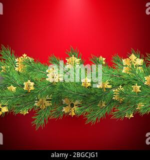 Weihnachtsrand aus realistisch aussehenden Kiefernästen mit Goldfolie Schneeflocken auf rot. EPS 10 Stock Vektor