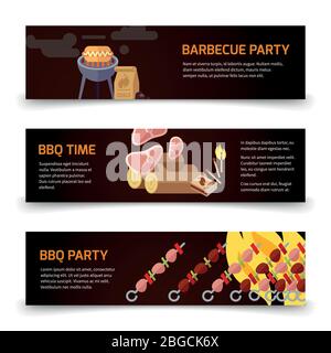 Grill und Steak horizontale Banner Vorlage. Fleisch, Kohle, Brennholz und Grill auf schwarzem Hintergrund. Poster für Grillparty und grillzeit. Vektorgrafik Stock Vektor