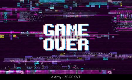 Spiel über fantastischen Computer-Hintergrund mit Glitch Rauschen Retro-Effekt-Vektor-Bildschirm. Spiel über Pixel-Display, Video Computer Text Illustration Stock Vektor