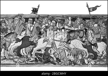Schlachtfeld aus der Zeit der Schlacht von Mühldorf, auch bekannt als Schlacht von Ampfing, besiegte der Wittelsbacher Ludwig IV., Herzog von Oberbayern, am 28. September 1322 den Habsburger Friedrich den Schönen, Herzog von Österreich / Kampfszene aus der Zeit der Schlacht bei Mühldorf, Auch Schlacht bei Ampfing genannt, am 28. September 1322 belagerte der Wittelsbacher Ludwig IV. Der Bayer, Herzog von Oberbayern, den Habsburger Friedrich den Schoenen, Herzog von Österreich, historisch, historisch, digital verbesserte Reproduktion eines Originals aus dem 19. Jahrhundert / Digitale Reproduktion ein Stockfoto