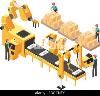 Isometrische Elektronikfabrik mit Förderband, Bedienern und Robotern. 3d-Vektordarstellung. Produktionsisometrische Linie mit Bediener, Montage mechanische und elektronische Abbildung Stock Vektor