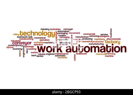 Arbeitsautomatisierung Wort Cloud Konzept auf weißem Hintergrund Stockfoto