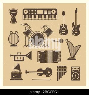 Klassische Musikinstrumente Grunge Silhouetten Set. Vector Musikinstrument und Musik Sound Illustration Stock Vektor