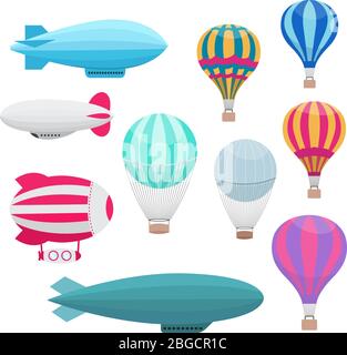 Cartoon Heißluftballons Vektor-Set. Farbiger Luftballon mit Korb für Reise- und Transportflug Stock Vektor