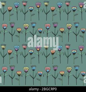 Handgezeichnete stilisierte Fantasy-Blumen mit rustikalem Stil, gemalt auf einem hellgrünen Hintergrund, nahtlose Vektor-Muster, für Stoff, Geschenkpapier, Bett Stock Vektor
