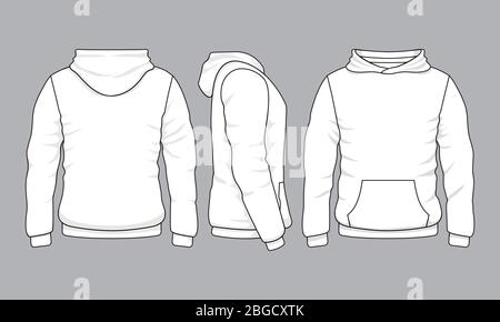 Sweatshirt für Männer vorne, hinten und seitlich. Vector Sweatshirt oder Sportswear Kleidung mit Kapuze Illustration Stock Vektor