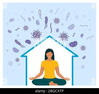 Frau isoliert zu Hause und meditiert, schützt sie sich vor Ansteckung und stärkt ihr Immunsystem Stock Vektor