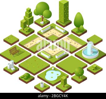 Isometrische Stadtelemente und Gartendekoration. Bänke, Brunnen Bäume und Sträucher. Vektorgrafik Stock Vektor