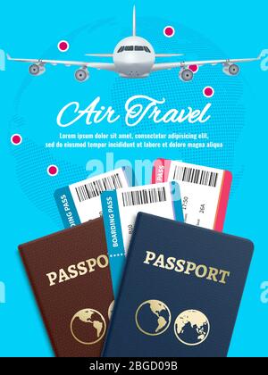 Flugreisen Banner mit Erde Flugzeug Pass und Tickets. Flugreisen, Ticket zum Flugzeug und Reisepass. Vektorgrafik Stock Vektor