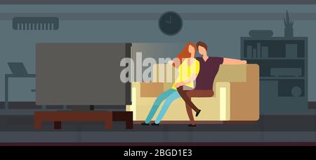 Junges Paar Fernsehen auf dem Sofa in modernen Wohnzimmer Vektor-Illustration. Das Paar schaut auf dem Sofa fern und sitzt zu Hause Stock Vektor