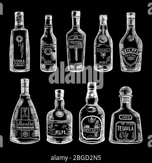 Handgezeichnete Darstellung verschiedener Flaschen isolieren auf dunklem Hintergrund. Vektorbilder gesetzt Stock Vektor