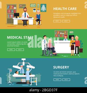 Drei horizontale Vektorbanner mit Bildern von Gesundheitskonzepten. Medizinische Räume und Büros im Krankenhaus. Patienten und Ärzte Stock Vektor