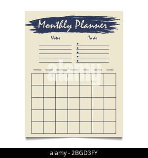 Monatsplaner Template Design mit Grunge Element Notizen und To-Do-Liste. Vektor-Tagebuch-Seite, Zeitplan Organizer Monat, Plan Tag Illustration Stock Vektor