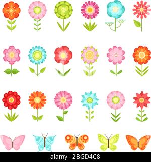 Lustige Schmetterling auf Blumen im Garten. Illustrationen von natürlichen Blumen im flachen Stil isolieren auf weißem Hintergrund Stock Vektor