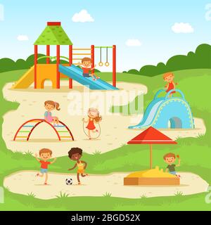 Lustige Kinder auf Sommerspielplatz. Kinder spielen im Park. Vektorgrafik Stock Vektor