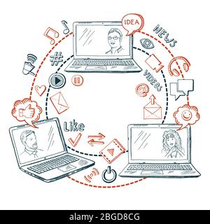 Kommunikation über soziale Netzwerke. Informationen zwischen Geschäftsleuten austauschen Stock Vektor