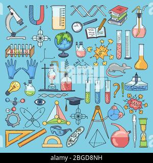 Farbige Gegenstände der Wissenschaft Biologie und Chemie. Handgezeichnete Vektorgrafiken Stock Vektor