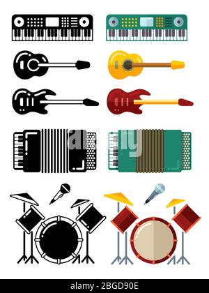 Musikinstrumente, flache Silhouetten Symbole isoliert auf weißem Hintergrund. Vektorgrafik Stock Vektor
