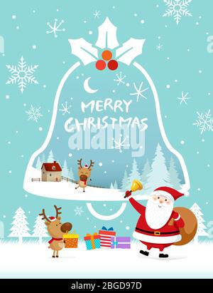 Weihnachtsmann gibt ein Geschenk. Hintergrund des Winterkonzepts in form einer weihnachtsglocke. Frohe Weihnachten Vektor Illustration Stock Vektor