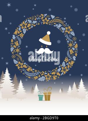 Weihnachtsgeschenk Karte mit Weihnachtskranz und Santa Gesichter. Vektorgrafik. Stock Vektor