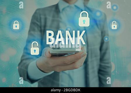 Konzeptionelle Handschreiben, die Bank zeigt. Konzept bedeutet Eine Organisation, in der zeigen und Unternehmen Geld investieren können Stockfoto