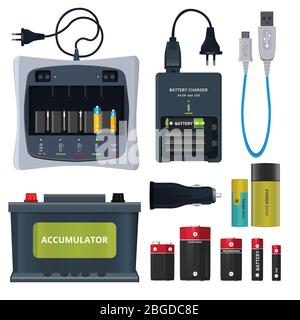 Wiederaufladbare Lithium-Batterie und verschiedene Akkumulatoren isolieren auf weiß. Vektor-Illustrationen im Cartoon-Stil Stock Vektor