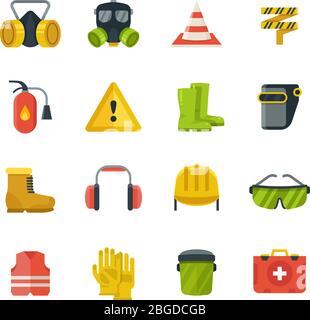 Persönliche Schutzausrüstung für Sicherheit und Sicherheit arbeiten flache Vektor-Symbole. Sicherheitsausrüstung und Schutz in Farbe Stil Abbildung Stock Vektor