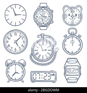 Doodle Uhr, Uhr Vektor-Symbole. Handgezeichnete Zeitvektorsymbole isoliert. Uhr und Uhr Zeit, Illustration der Weckzeichnung, Doodle Stoppuhr Stock Vektor
