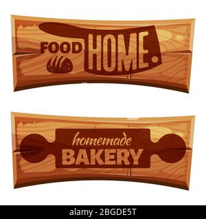 Cartoon Holzrohlinge mit Kochgeschirr und Backwaren Etiketten. Vektorgrafik Stock Vektor