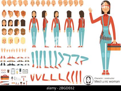 Große Kreation Kit von Mädchen Mechaniker in Arbeitskleidung. Vektor-Konstruktor mit Körperteilen Stock Vektor