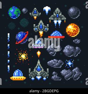 Retro Raum Arcade-Spiel Pixel-Elemente. Invaders, Raumschiffe, Planeten und ufo-Vektor-Set. Video Arcade-Spiel in Pixel-Kunst, Illustration von Raumschiff und Eindringling Rakete Stock Vektor