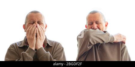 Mann hustet während einer Corona-Virus-Pandemie in Händen und Ellbogen. Falsches und korrektes Niesen, um die Ausbreitung des Virus zu stoppen. Doppelporträt in hoher r Stockfoto