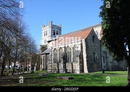 Waltham Abbey Church, Waltham Abbey, Essex, stammt aus dem Jahr 1050. Sie wurde von König Harold errichtet und ersetzt ein Ohrhörergebäude. Stockfoto