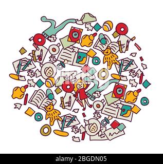 Boden mit Kinderspielzeug Mess auf weiß Stock Vektor