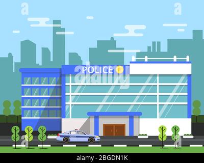 Polizei oder Sicherheitsabteilung. Außenansicht des Gemeindegebäudes. Vektorgrafik im flachen Stil Stock Vektor