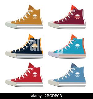 Verschiedene Farben von Teenager Sport Sneakers. Vektor-Bilder im Cartoon-Stil eingestellt Stock Vektor