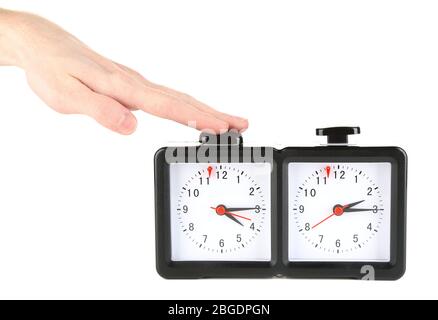 Hand schiebend Schachuhr, isoliert auf weiß Stockfoto