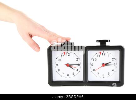Hand schiebend Schachuhr, isoliert auf weiß Stockfoto