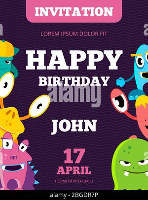 Kinder glücklich Geburtstag Einladung Vektor-Karte mit spielerischen lustigen Lachmonster Stock Vektor