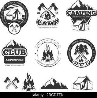 Natur Vintage Etiketten für Scout Camp gesetzt. Camping Abzeichen mit touristischen Zelt. Vektorgrafiken für Abenteuer Stock Vektor