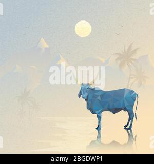 Indian Mountain Landschaft mit einer blauen Kuh und goldenen Hörnern 3d Polygonal Kunst Stock Vektor