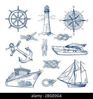 Marine Doodles Set mit Schiffen, Booten und nautischen Ankern. Vektorgrafiken im handgezeichneten Stil Stock Vektor