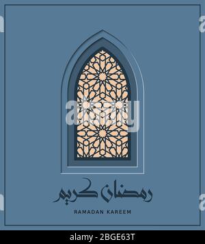 Ramadan Kareem Vektor Grußkarte mit Nacht arabischen Fenster, Bogen. Papier geschnitten blaue Karte. Ramadan Kareem Kalligraphie. Stock Vektor