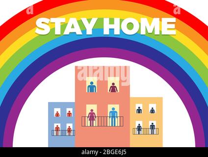 Das Wort "Stay Home" rettet Sie mit Coronavirus. Vektorhintergrund mit Familie im Regenbogen Stock Vektor