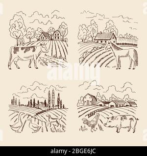 Vector Dorf und großes Feld. Landschaft mit Landwirtschaft und Tieren. Set für Illustrationen im Retro-Stil Stock Vektor