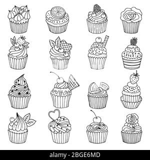 Doodle Set von Cupcakes. Handgezeichnete Vektorgrafiken isolieren sich auf Weiß Stock Vektor