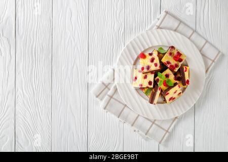 Köstliche vegetarische Himbeere Käsekuchen Bars auf einem weißen Teller, flach gelegt, horizontale Ansicht von oben, Freiraum Stockfoto