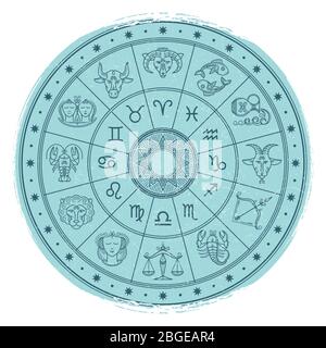 Grunge Horoskop Zeichen in Astrologie Kreis - Vintage Astrologie Emblem Design. Vektorgrafik Stock Vektor