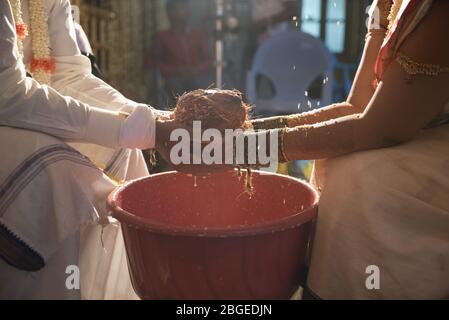 Nahaufnahme PF ein indisches Hindu-Hochzeitspaar, das während eines Rituals eine Kokosnuss in den Händen hält Stockfoto