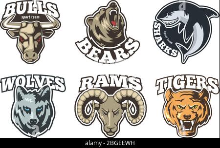 Sport Etiketten Set mit verschiedenen Tieren. Firma Maskottchen Design Stock Vektor